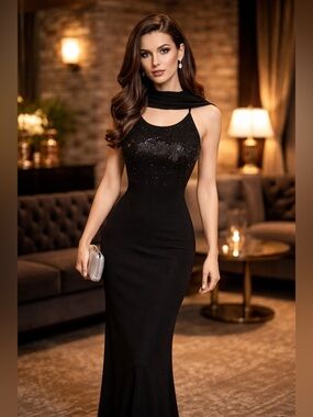 CACHET Women’s Y2K Spaghetti Strap Sequin Top Maxi Evening Dress & Shawl Set 14